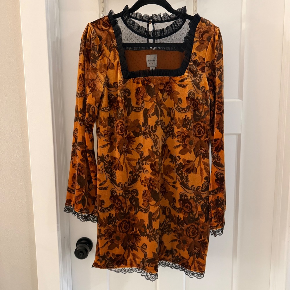 Maeve Anthropologie Floral Velvet Mesh Mini Dress Amber Gold Black Lace Womens M